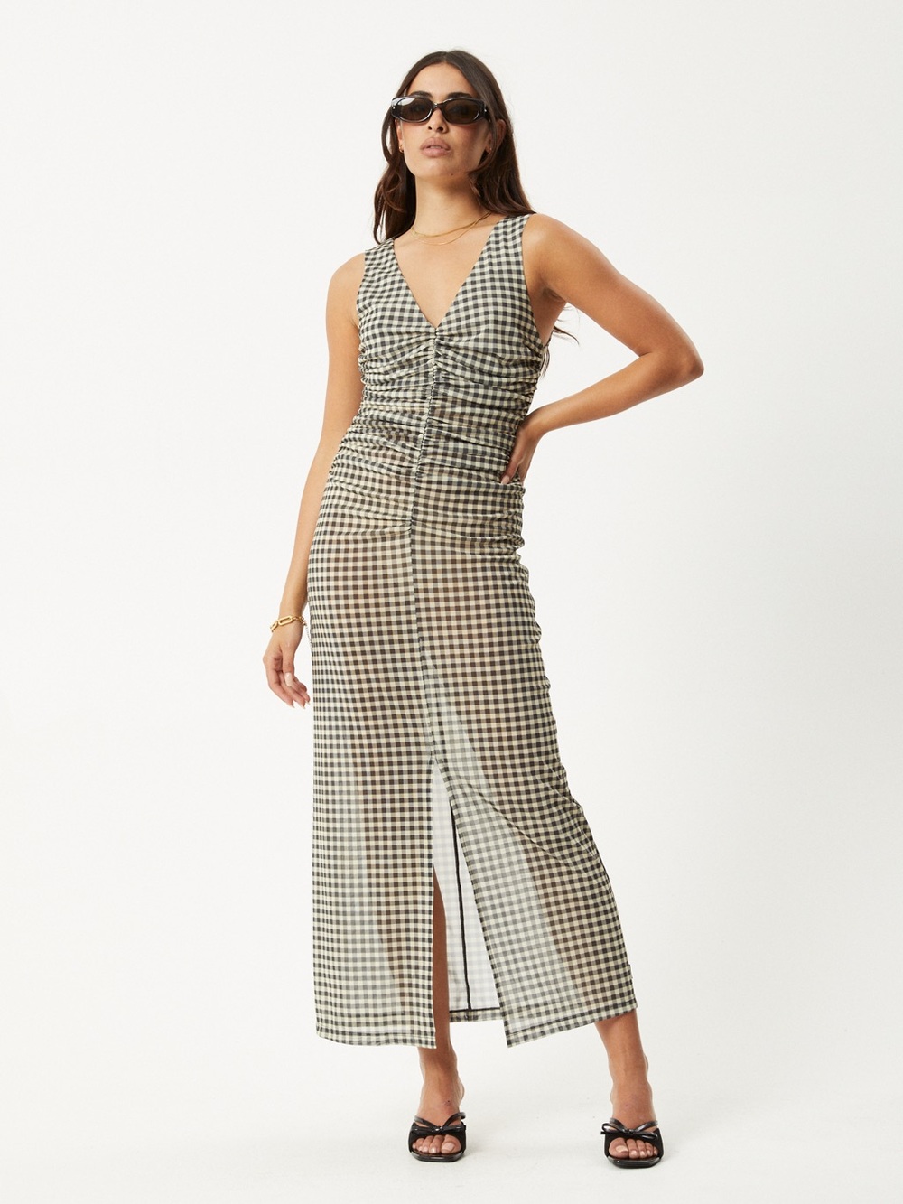Afends Gambet Sheer Maxi Dress - Black / Sand - Size Medium - Picture 2 of 5